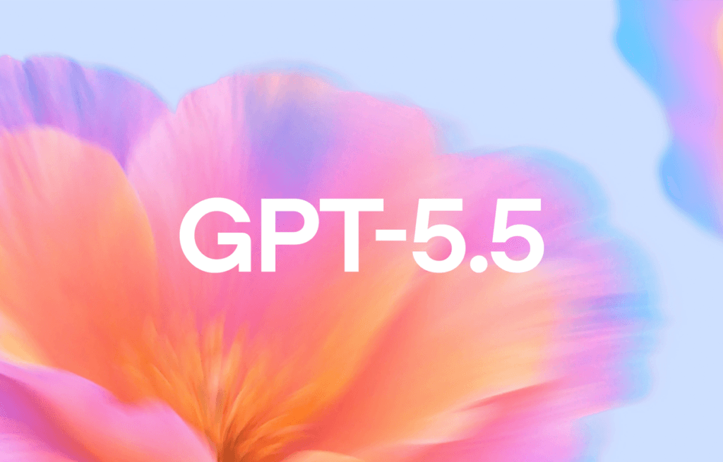 Logotipo do GPT-5.5 em texto branco sobre um fundo abstrato colorido, ilustrando a nova atualização do modelo de inteligência artificial do ChatGPT.