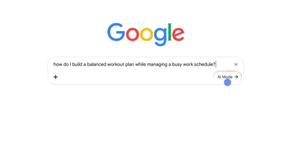 Nova caixa de busca do Google com AI Mode em 2026 exibindo pergunta conversacional longa