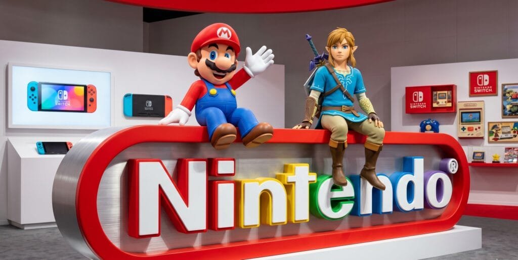 Mario e Link sentados no logotipo da Nintendo em estande, ilustrando as novidades de preços e jogos para o Nintendo Switch 2 no Brasil.