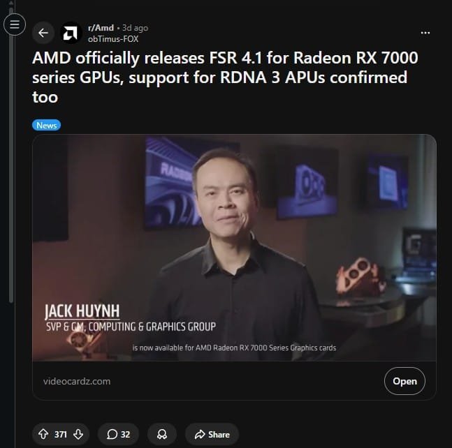 Jack Huynh, vice-presidente da AMD, anuncia suporte oficial do FSR 4.1 para GPUs Radeon RX 7000
