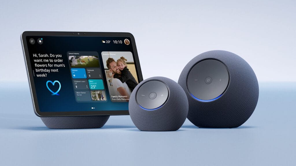 Echo Show com Alexa+ mostrando integração com Uber e streaming