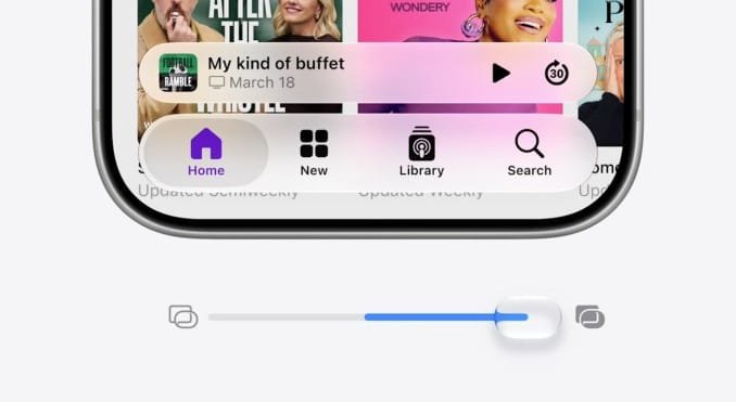 iOS 27 Liquid Glass – Interface do Apple Podcasts app Podcasts com novo design Liquid Glass no iOS 27