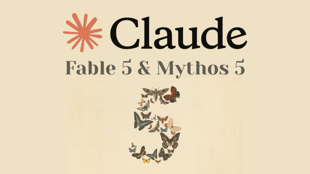 Logotipo do Claude com os nomes dos modelos Fable 5 e Mythos 5, ilustrado com borboletas formando o número 5