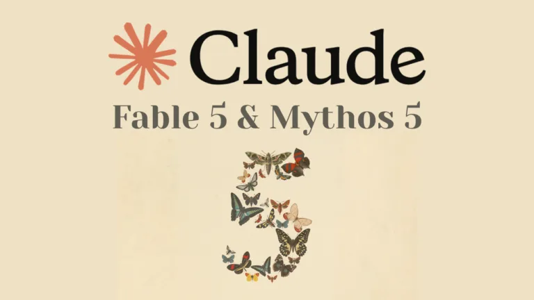 Logotipo do Claude com os nomes dos modelos Fable 5 e Mythos 5, ilustrado com borboletas formando o número 5