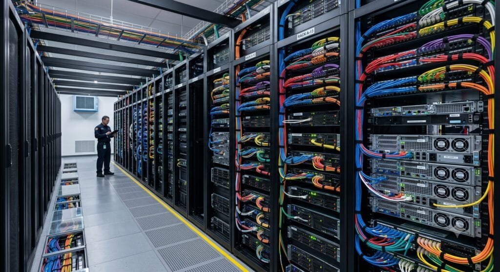 Data centers de IA – alvo da proposta de auditoria da Anthropic interior de data center com servidores usados no treinamento de modelos de inteligência artificial
