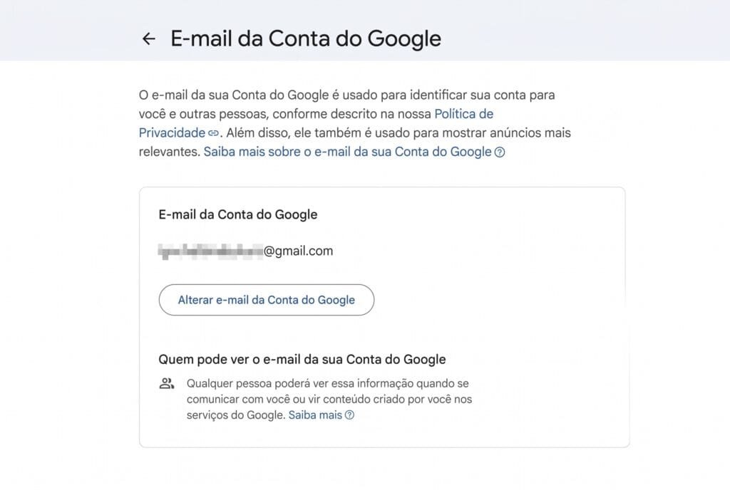 Como mudar o endereço do Gmail pelas configurações da Conta do Google tela de configurações do Gmail mostrando opção de alterar endereço de e-mail