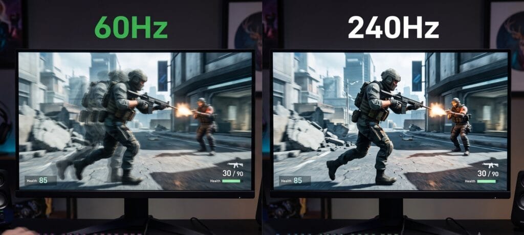 comparação visual entre monitor 60Hz e 240Hz em jogo de movimento rápido