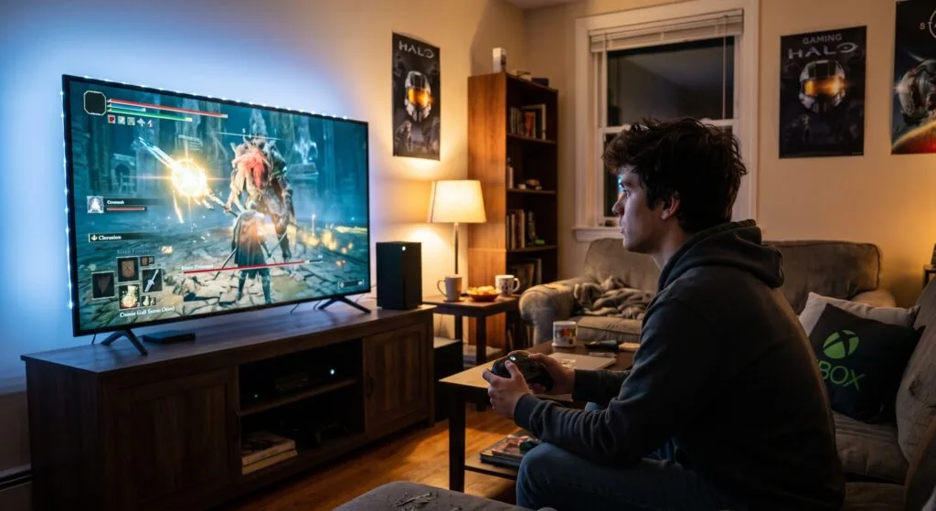 Xbox — alternativas de compra com o reajuste de preços em 2026 Gamer segurando controle Xbox enquanto joga em frente à TV