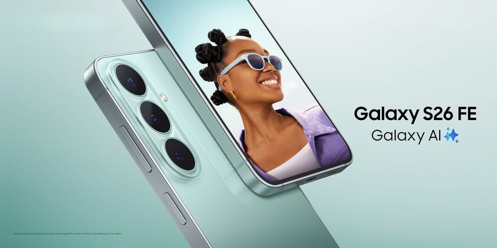 Samsung Galaxy S26 FE nas cores Mirtilo, Pistache e Grafite