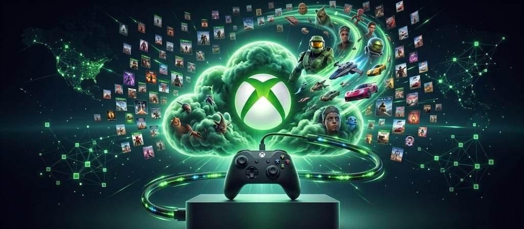 Xbox Cloud Gaming: logo do Xbox em nuvem verde com controle e catálogo de jogos, ilustrando o limite de horas de streaming