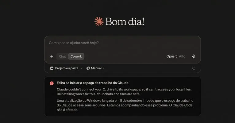 Erro Claude Cowork não inicia no Windows após atualização KB5124008